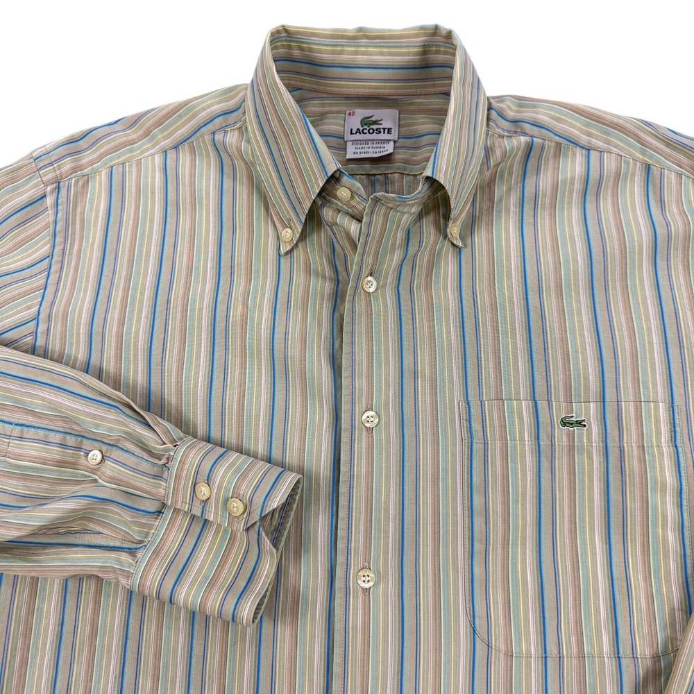 Lacoste Dress Shirt Mens Large 42 Green Stripe Long Sleeve Button Down Croc Logo